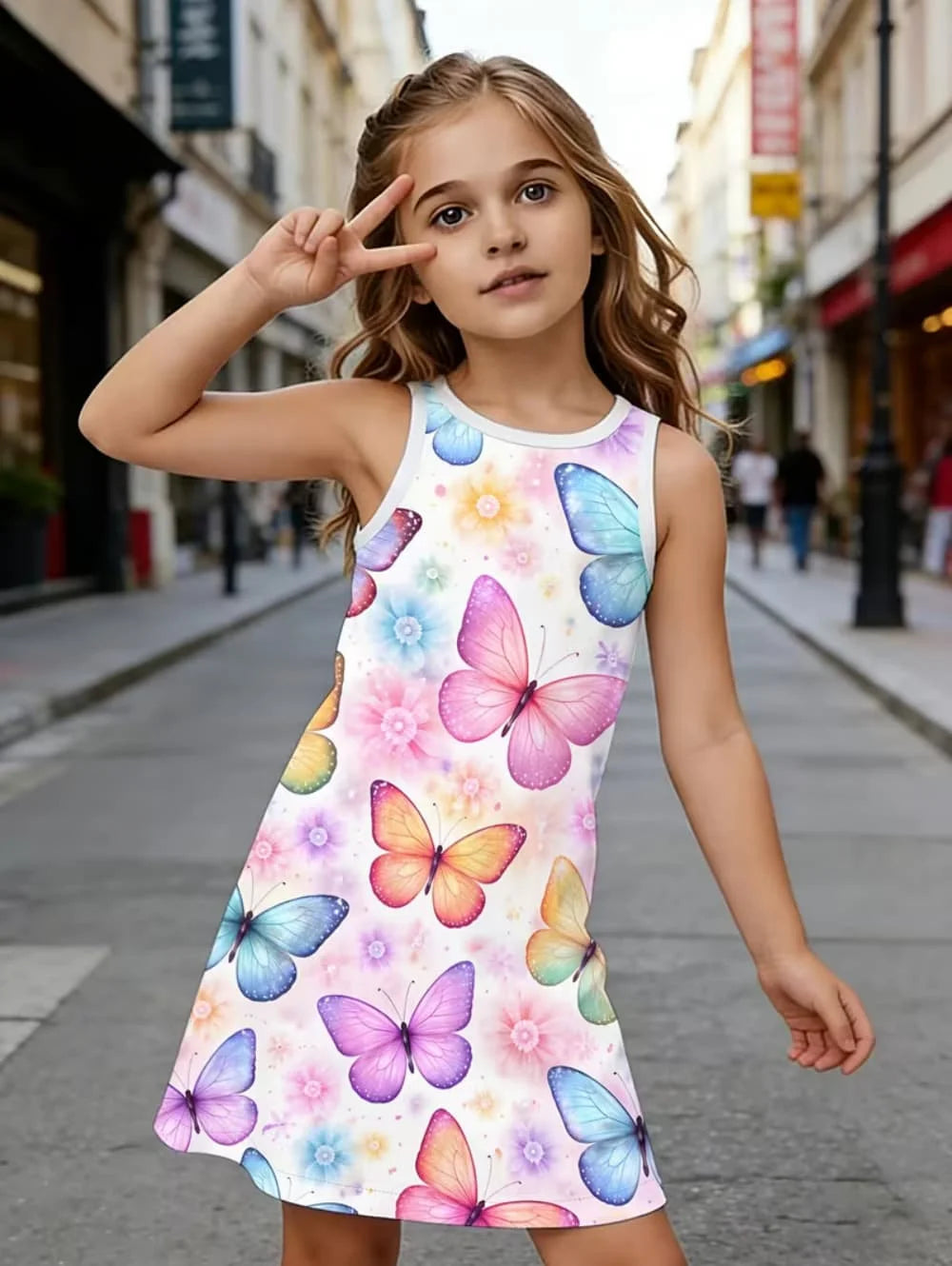 Summer Beach Vibes Pattern Girls' Vibrant Fashion Digital Print Sleeveless Camisole Dress Holiday Vacation Beach Girl Vest Dress