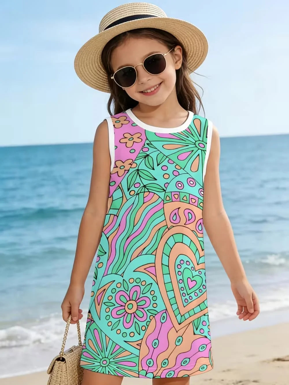 Summer Beach Vibes Pattern Girls' Vibrant Fashion Digital Print Sleeveless Camisole Dress Holiday Vacation Beach Girl Vest Dress