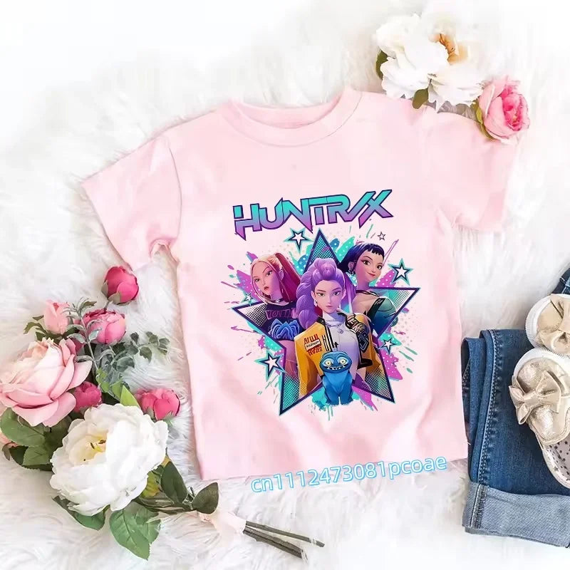 2026 Children's K-pop Demon Hunters T-shirt, a clothing item featuring anime cartoon patterns, a girls' casual top, gift options