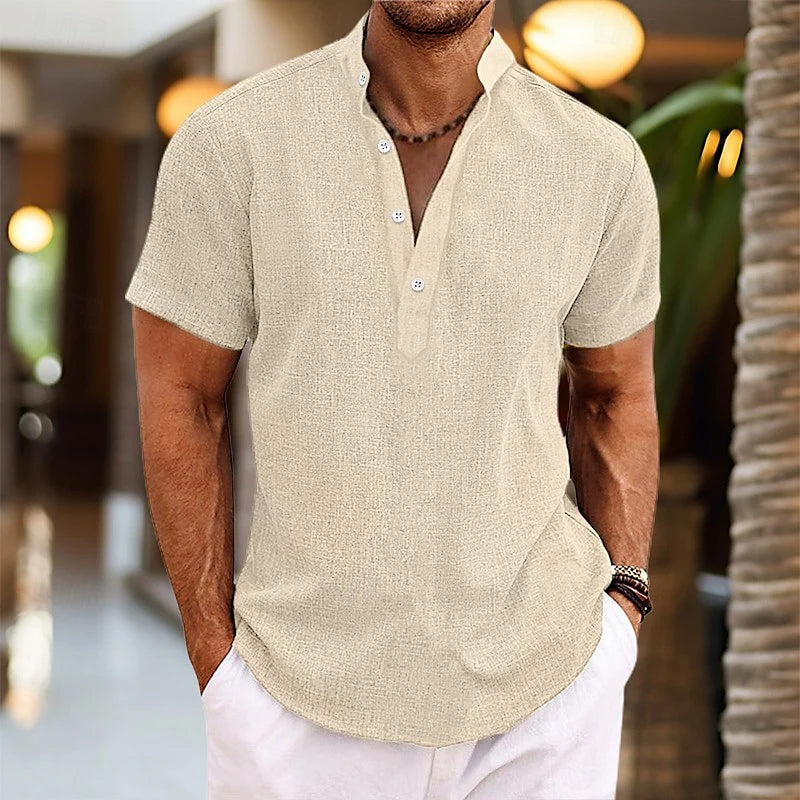 Summer Solid Color 3D Print Henley Shirts Men's Casual Oversized Button Stand Collar Short Sleeve T Shirt Tees Tops Man Clothing