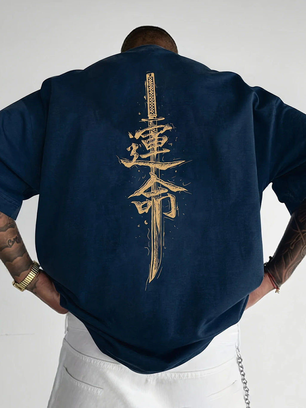 Men's summer  pure fashionable casual loose Japanese samurai sword pattern printed round neck short sleeved T-shirt