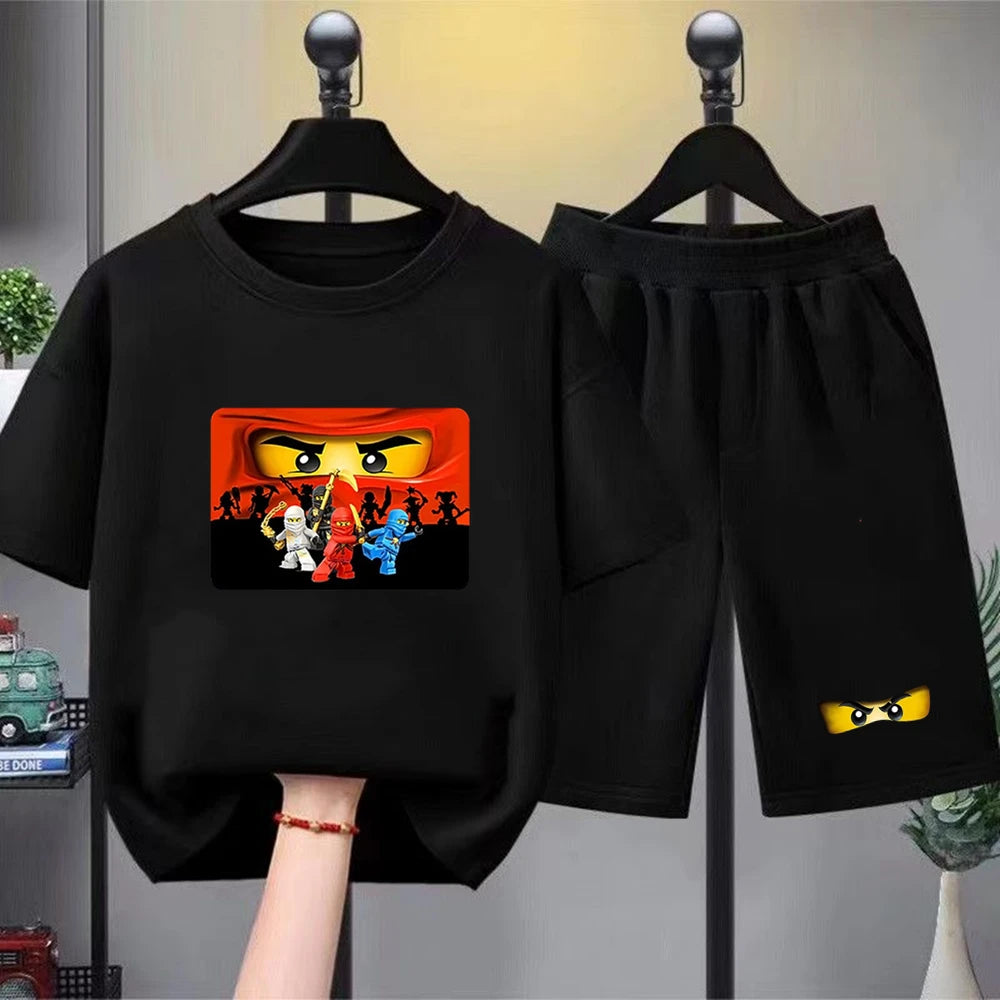 Summer T-Shirt Boy Girls Red Casual TShirt+Shorts Sets Ninja Printed Kids Outfits Teen Children's Short Sleeve Tops