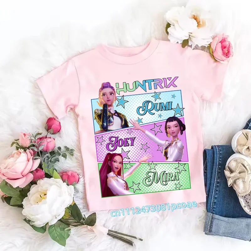 2026 Children's K-pop Demon Hunters T-shirt, a clothing item featuring anime cartoon patterns, a girls' casual top, gift options