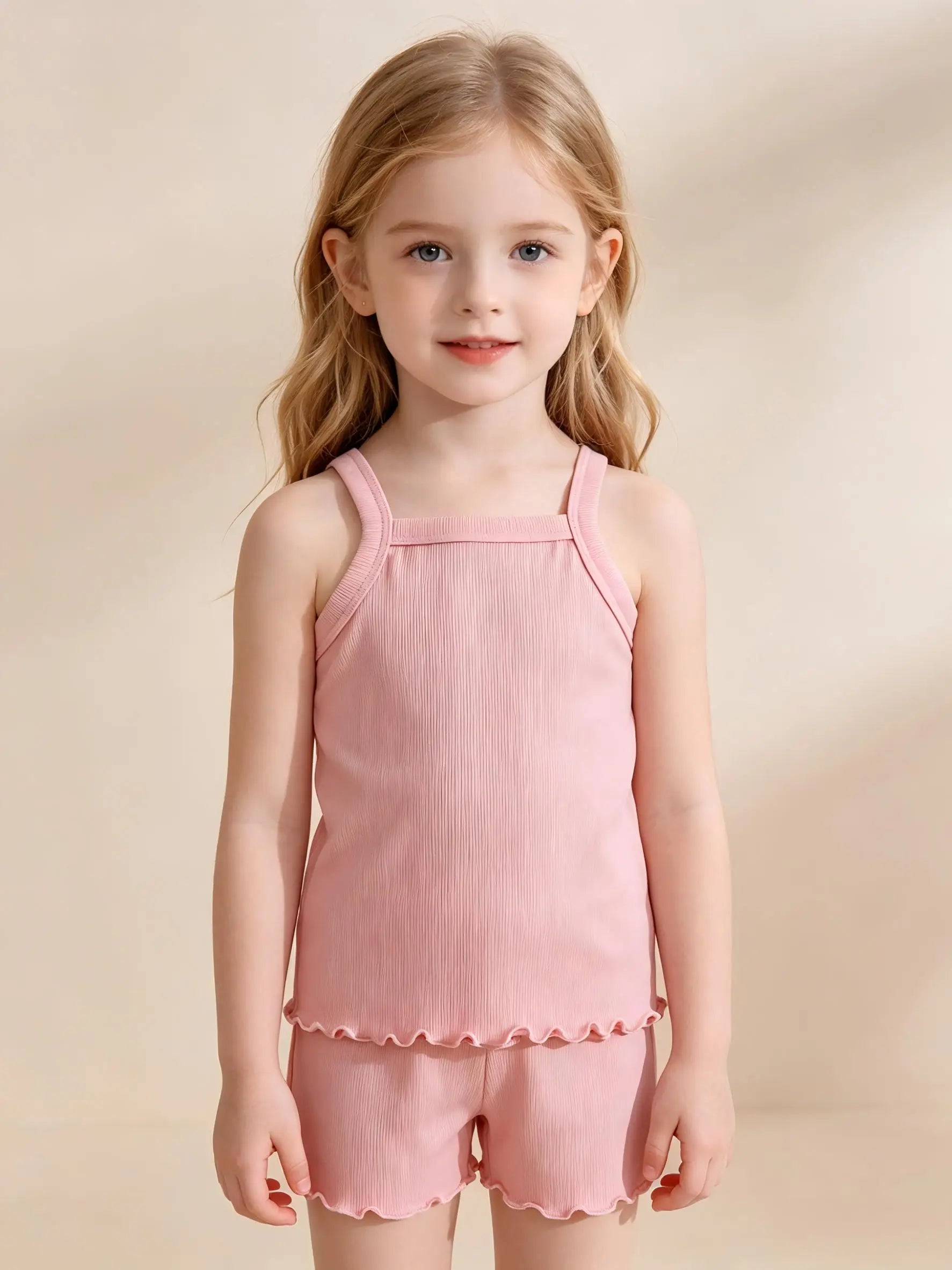 1Pc Kids Girls Solid Ribbed Singlet Thin Frill Edge Camisole Sleeveless Spaghetti Strap Breathable Underwear Home Top For 2-10Y