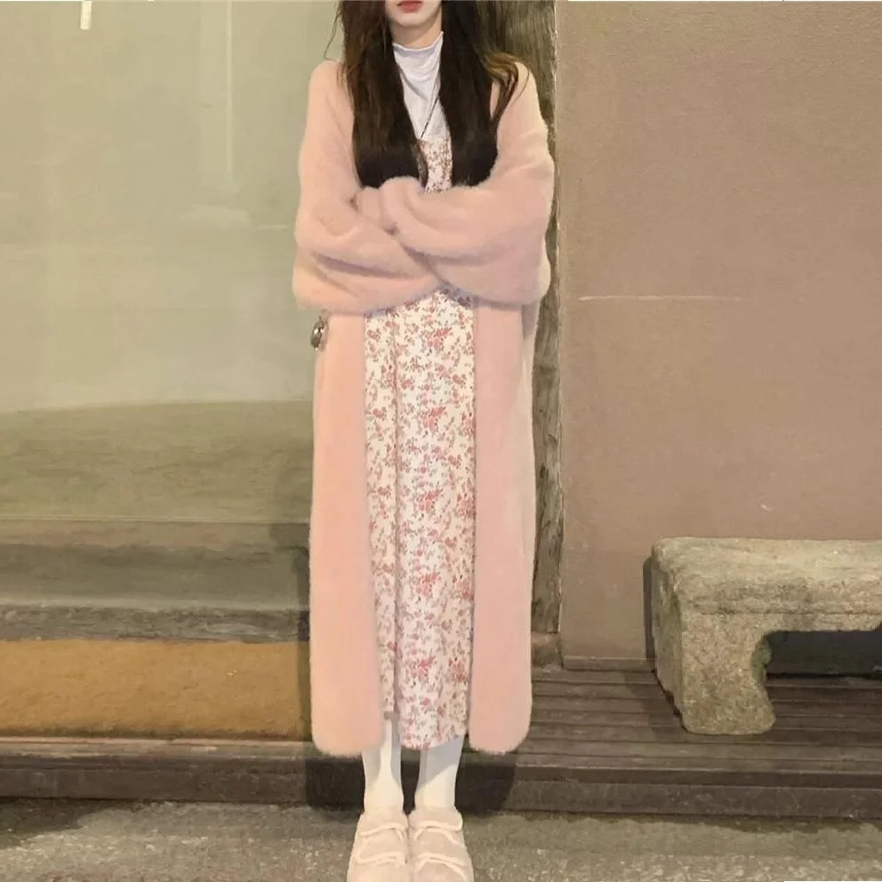 white Long Cardigan for women 2026 new winter clothes Knitted fluffy long sleeve Cashmere sweater coat korean style warm vintage