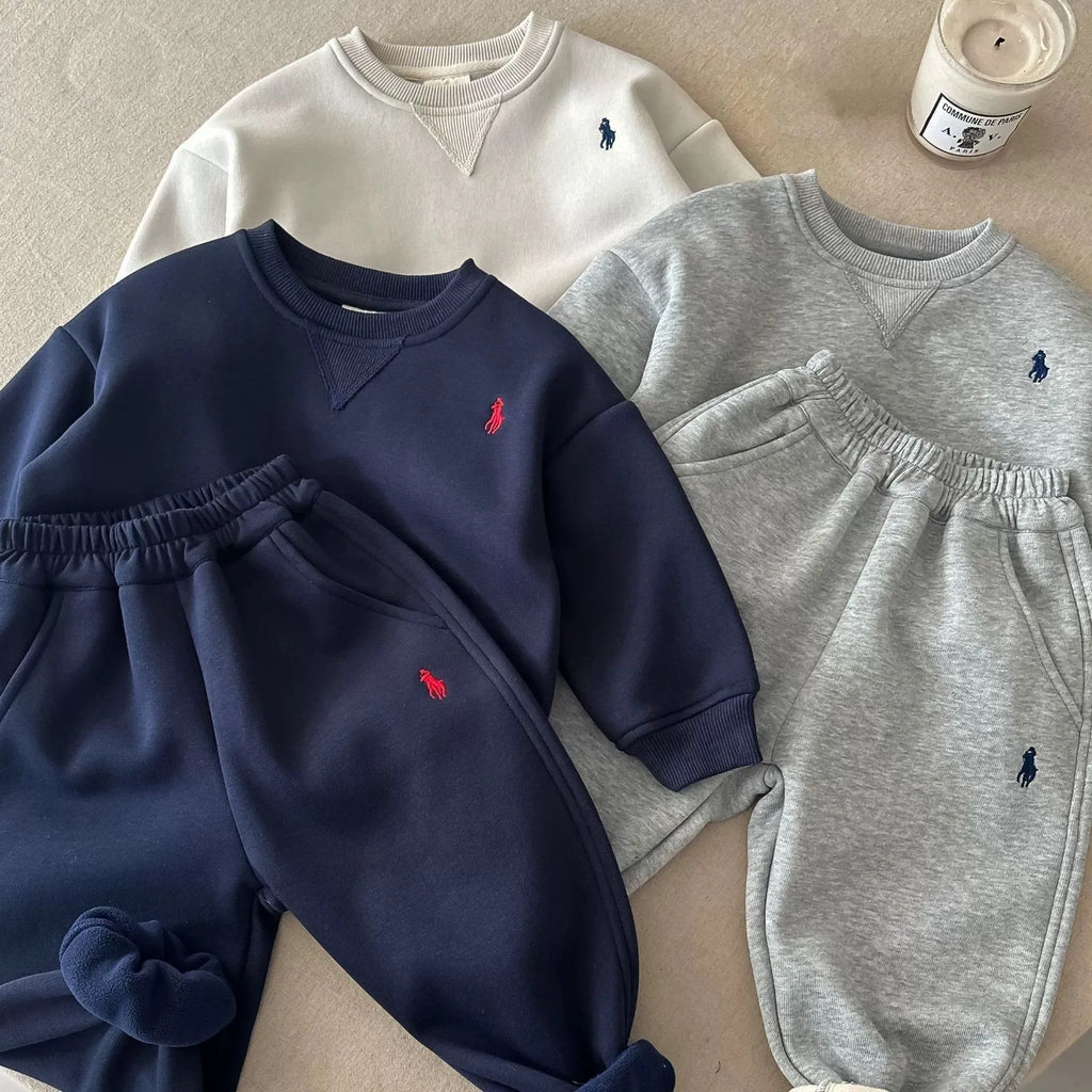 TZ2514 Korean Style Children's Winter Outfit Set Unisex Simple Fleece Sweatshirt Set Baby Trendy Warm Ensemble