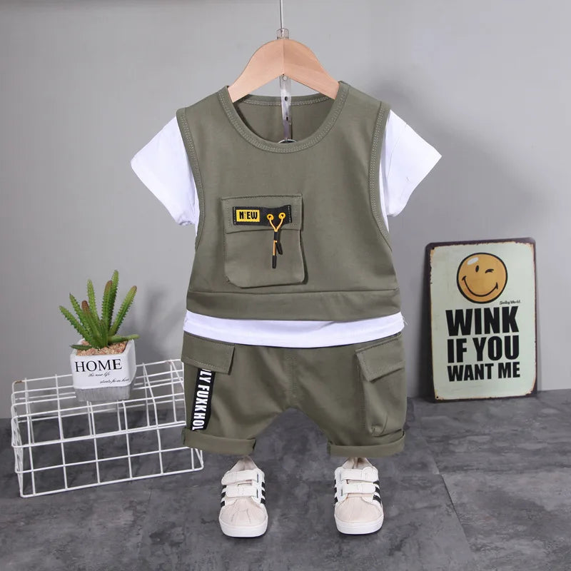 New Toddler Summer Baby Boys/Girls Clothes Children Pulling Rope Pocket T-Shirt Shorts 2Pcs/Set Infant Kids Fashion Tracksuits