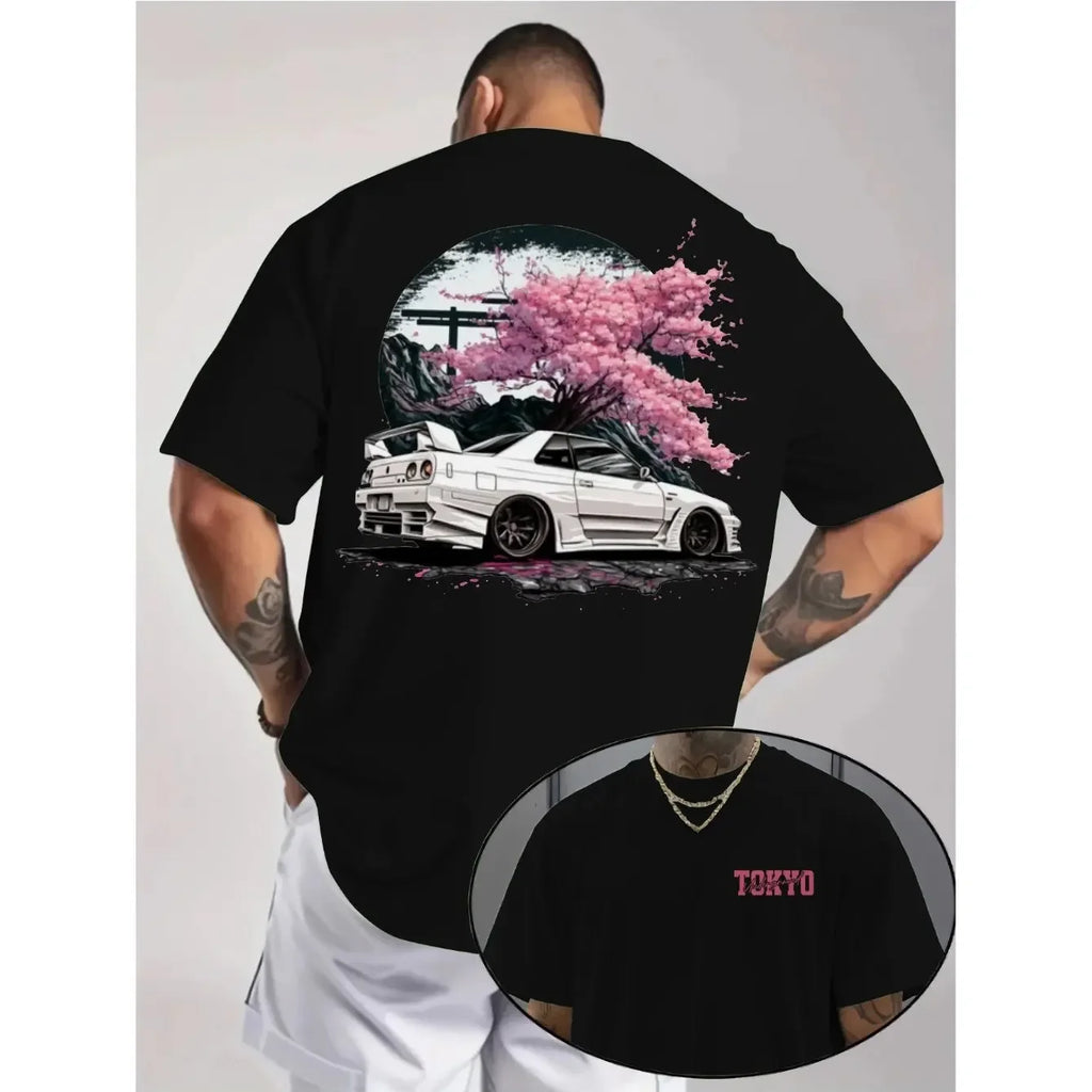 JDM Tokyo Drift Car T Shirt Unisex Oversized Japanese Streetwear Sakura Graphic Tee Y2K Aesthetic Summer Cotton Top