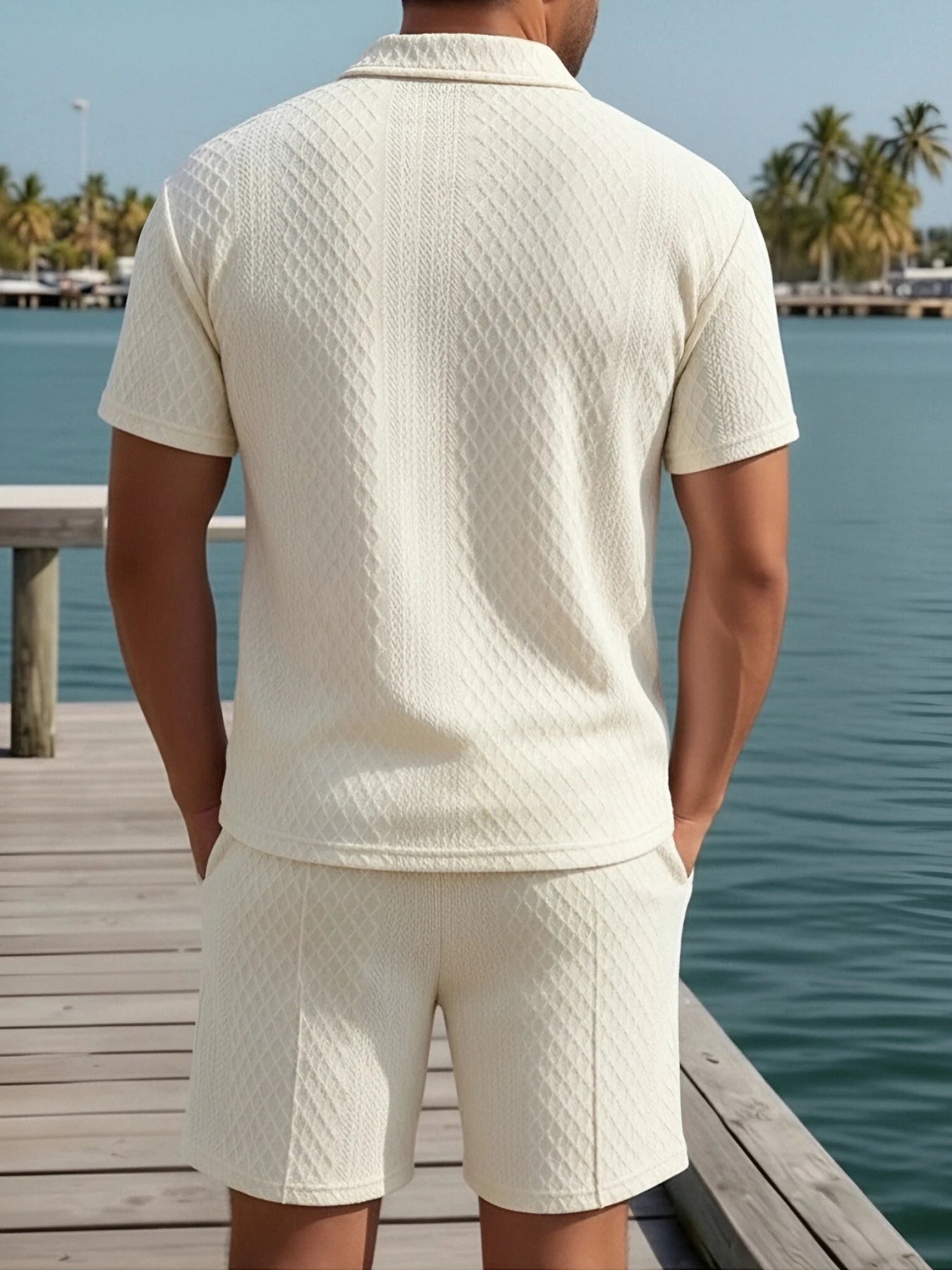 Mens Cream Polo Shirt and Shorts Set Casual Summer Beach Outfit Lightweight Comfortable Resort Vacation Wear