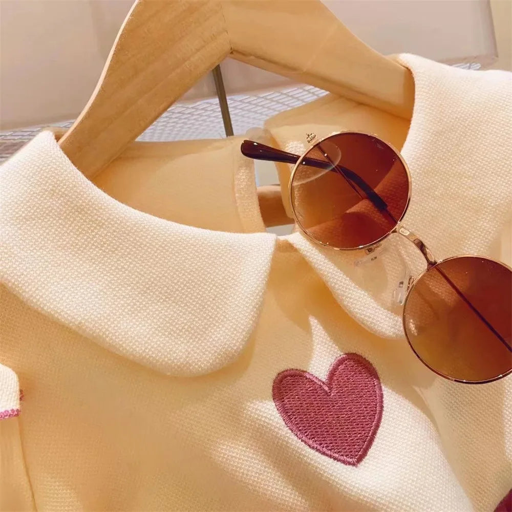 2026 Summer Girls Clothing Set Embroidered Heart Pattern T-shirt+ Short Pants 2Pcs Suit For 2-8Years Kids Fashion Outfit