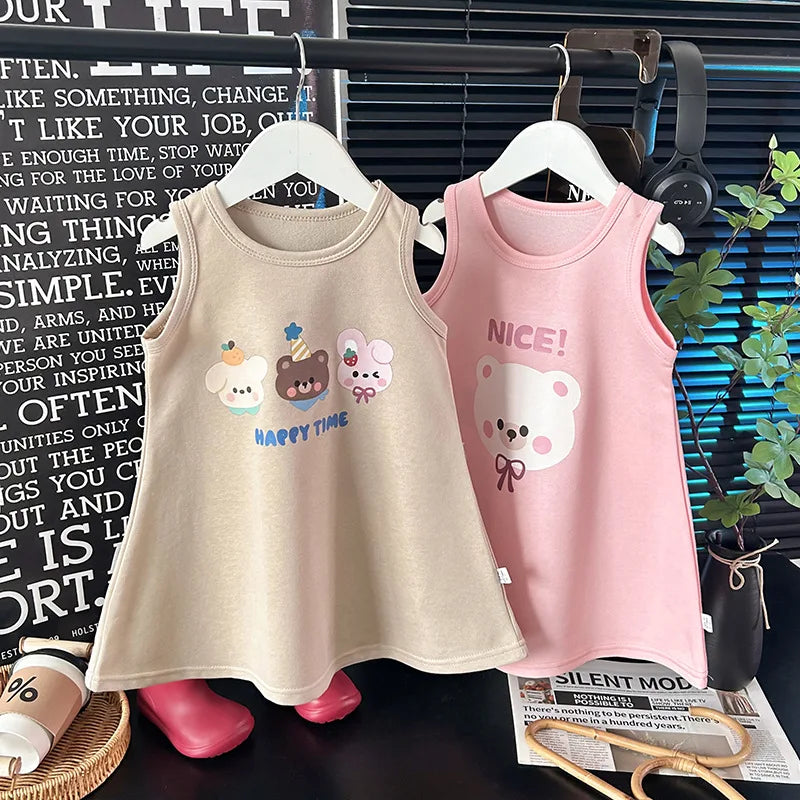 2026 New 1-6Y Childrens Dress Cute Cartoon Printed Sleeveless Girls Dress Pure Color Loose A-line Skirt for Girls
