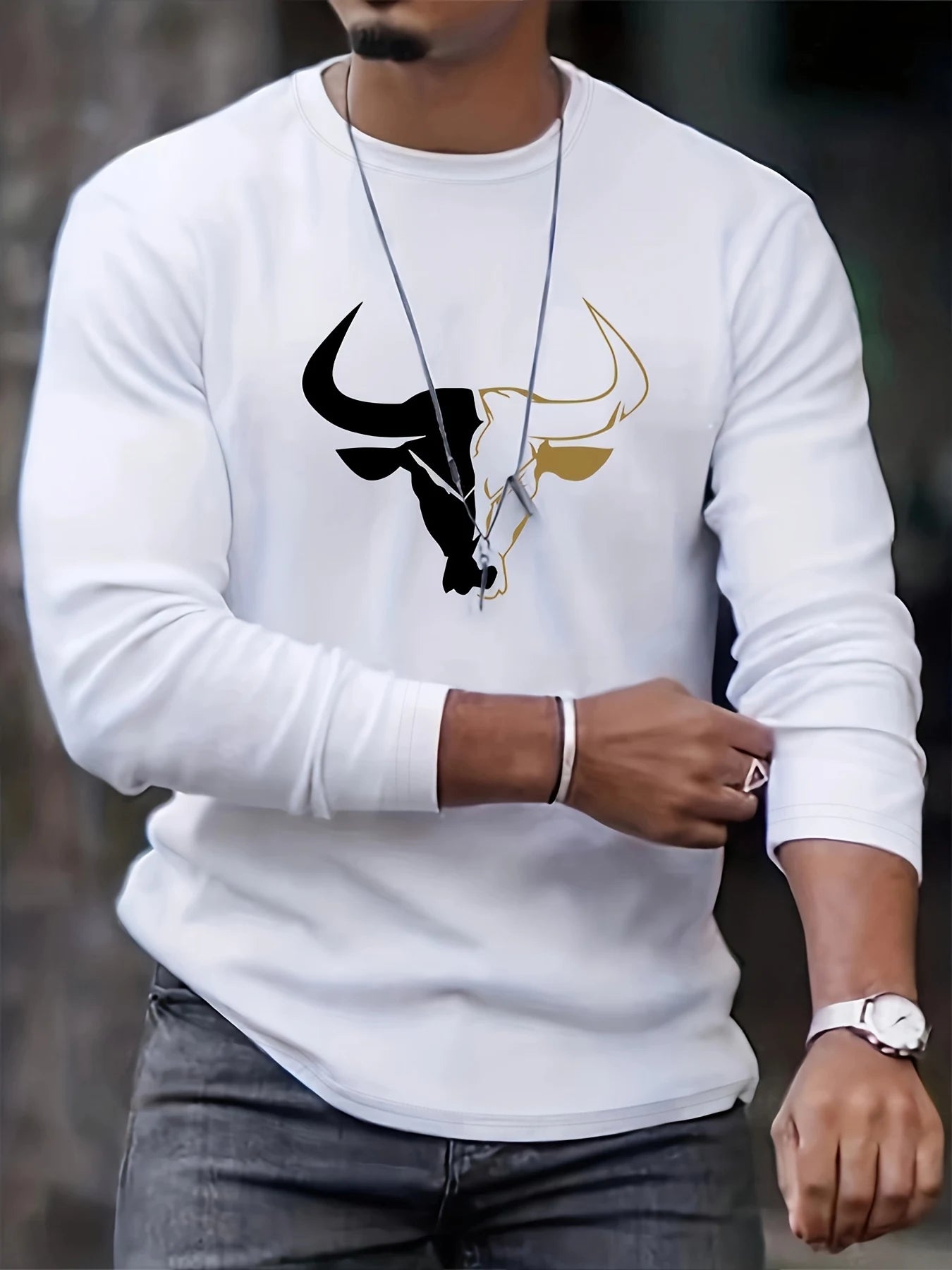 100% pure cotton men's long sleeved round neck loose casual bull pattern printed spring and autumn versatile T-shirt top