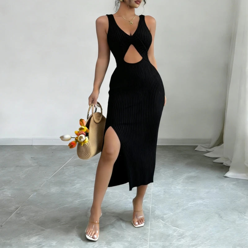 Green Twist Front Cutout Slit Midi Dress Women's Sleeveless Sundress V Neck Stretchy Ribbed Knit Party Clubwear Dress Outfits