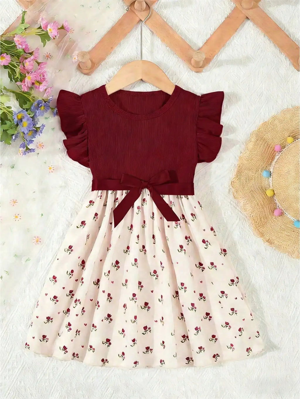 Summer Style Girls Sleeveless Round Neck Printed Dress with Belt Cute Flying Sleeve Outfit Pink