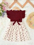 Summer Style Girls Sleeveless Round Neck Printed Dress with Belt Cute Flying Sleeve Outfit Pink