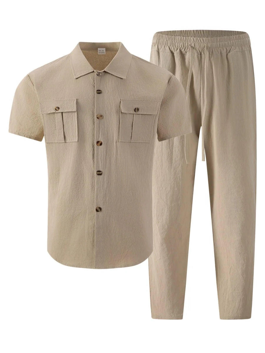 2026 Men's Casual Linen Textured Short Sleeve Shirt & Pants 2 Piece Set Streetwear Outfit