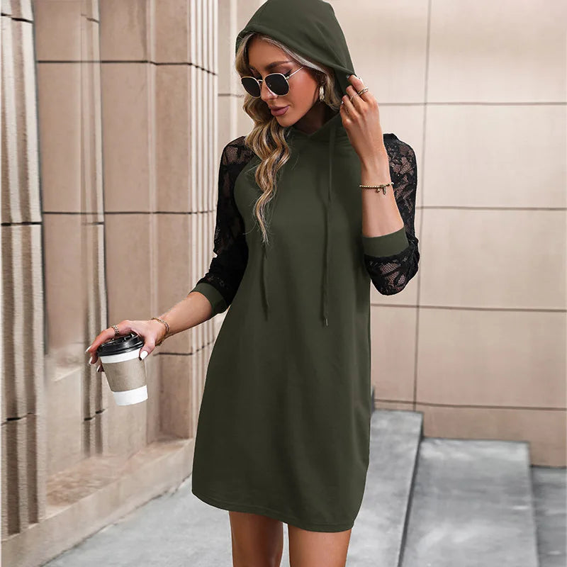 Women's Fashionable Casual Hooded Sweatshirt Dress 2026 Autumn And Winter New Pure Black Short Medium And Long A-line Skirt