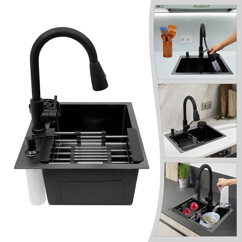45x40cm Black Kitchen Sink Multi-functional with Pull-Out Faucet, Cup Rinser, Basket, Soap, Stainless Steel Single Bowl Pipe Set