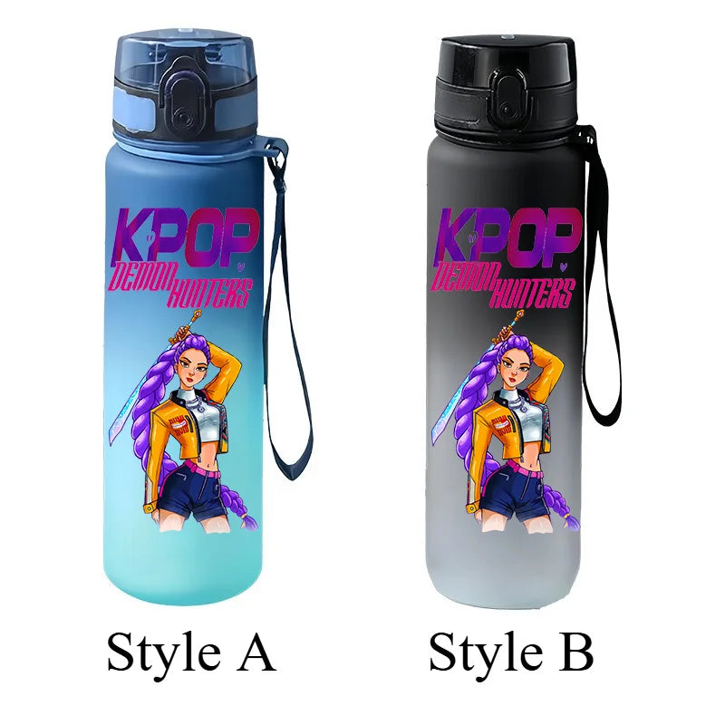 650ml KPOP Demon Hunters Sports Water Bottle Gradient Frosted Leak Proof Pop Up Lid Portable Strap Plastic Water Cup