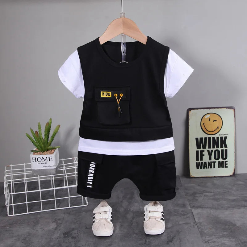 New Toddler Summer Baby Boys/Girls Clothes Children Pulling Rope Pocket T-Shirt Shorts 2Pcs/Set Infant Kids Fashion Tracksuits