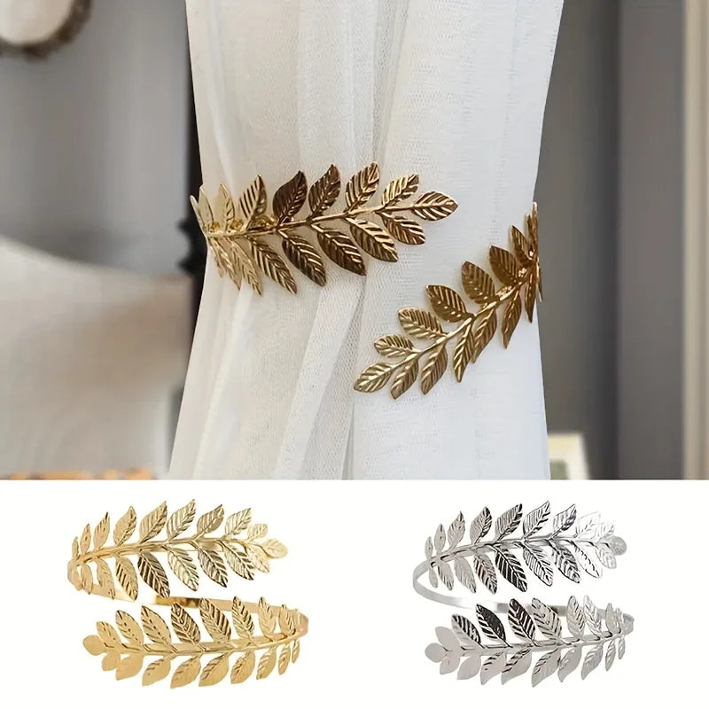 2 metal leaf curtain straps with adjustable decorative curtain rings, especially suitable for thin gauze curtains
