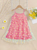 Girls Summer Dress Elegant Daisy Print Mesh Layered Strap Ruffle Bottom Outfit Yellow Green Blue - Children's Clothing