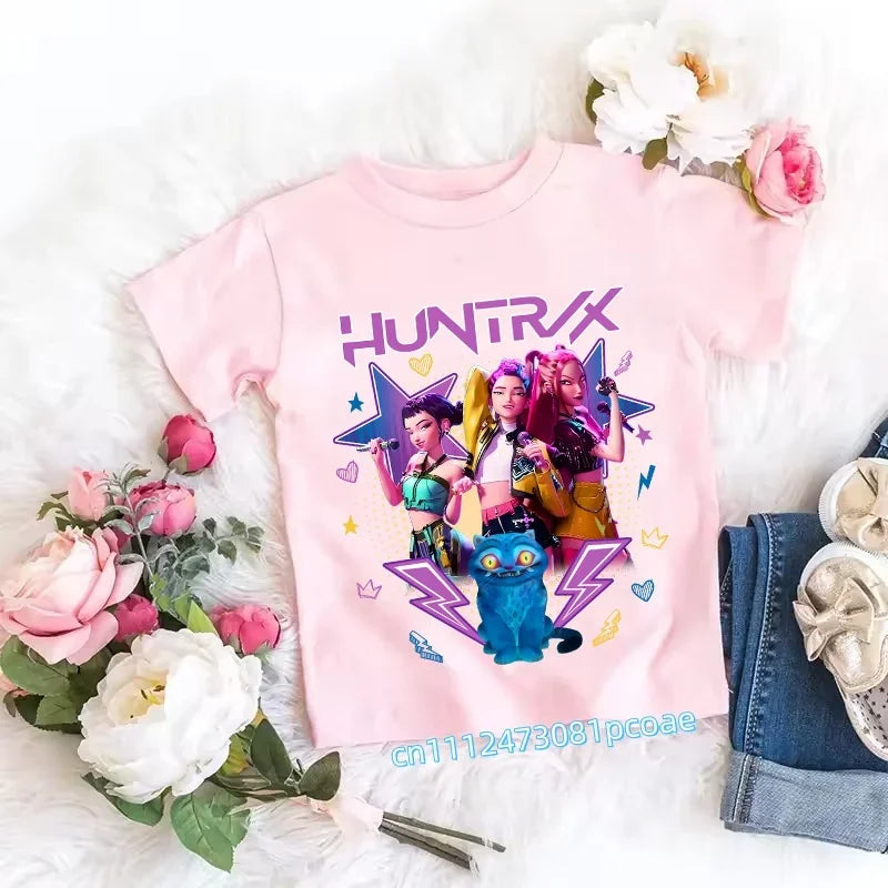 2026 Children's K-pop Demon Hunters T-shirt, a clothing item featuring anime cartoon patterns, a girls' casual top, gift options