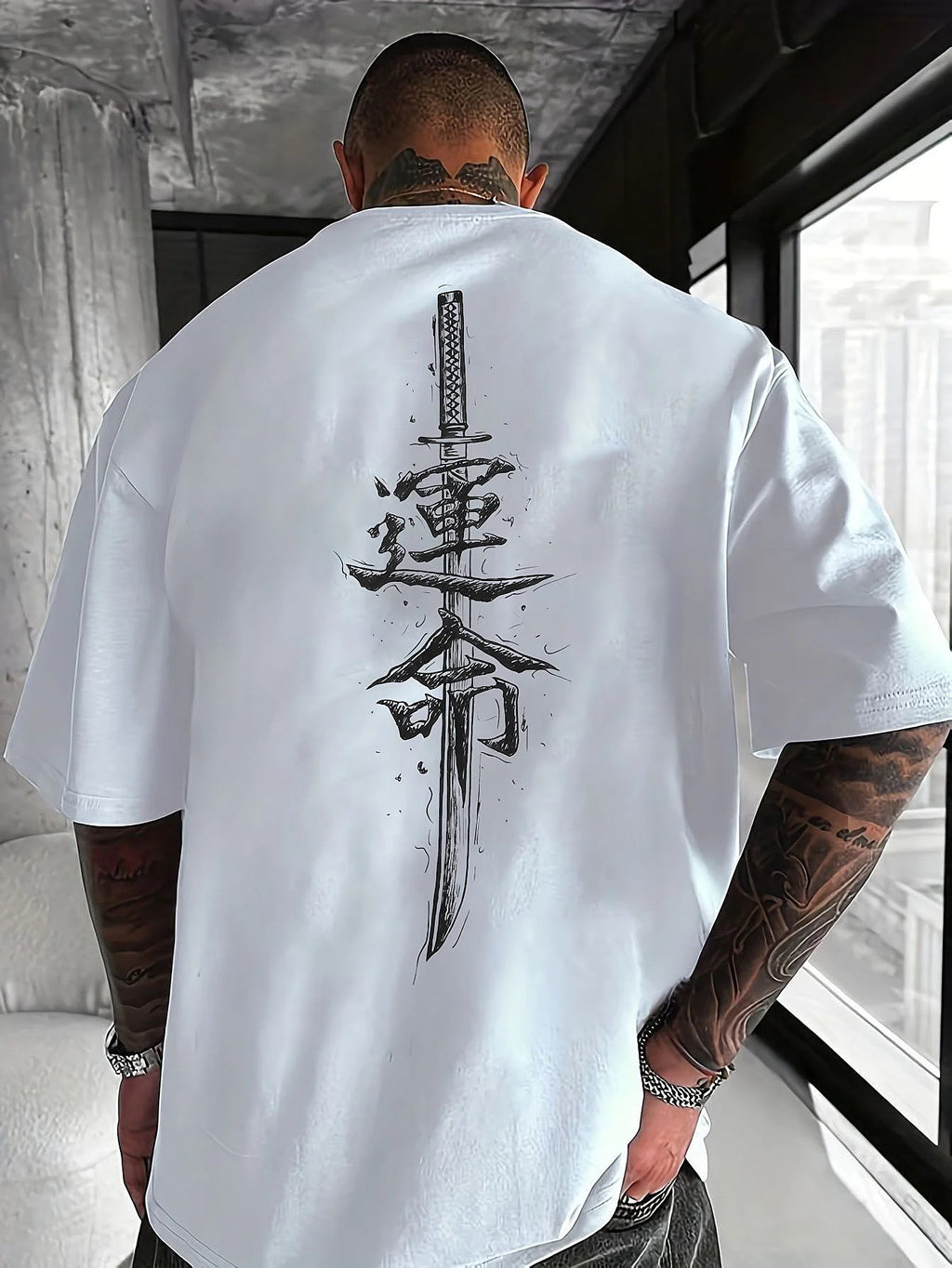 Men's summer  pure fashionable casual loose Japanese samurai sword pattern printed round neck short sleeved T-shirt