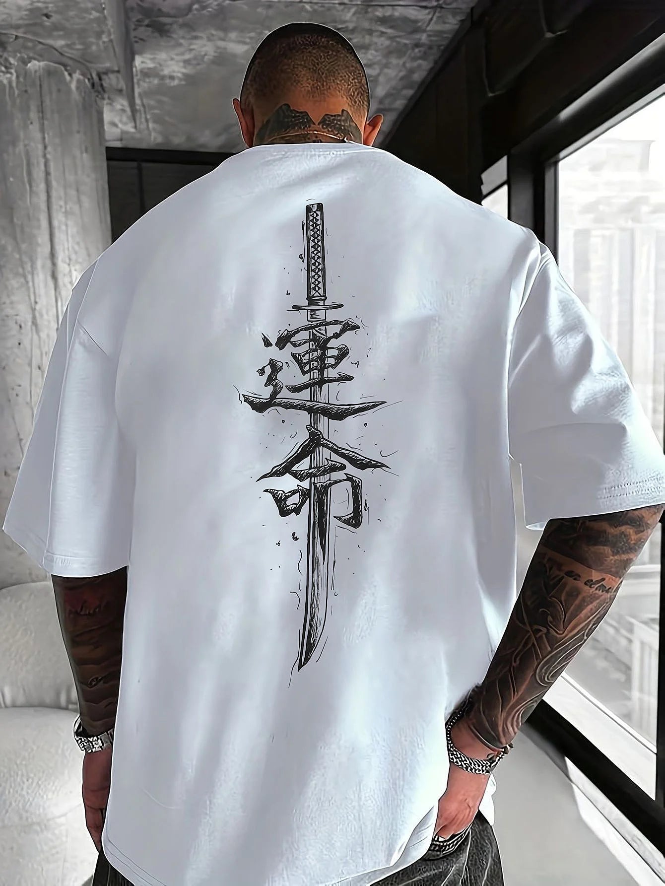 Men's summer  pure fashionable casual loose Japanese samurai sword pattern printed round neck short sleeved T-shirt