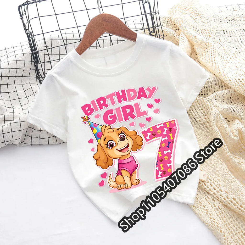 Paw Patrol Skye T-shirt Children Birthday Number Tee Top Girls Pink Clothes Cartoon Anime Short Sleeve Kids Loose Clothing Gift