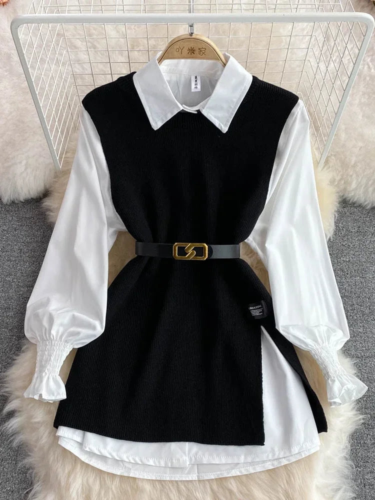 Women's Chic Age-Reducing 2-Piece Set Long Sleeve White Shirt Sweater Loose Fit Knit Vest Pullover Spring Autumn Fashion
