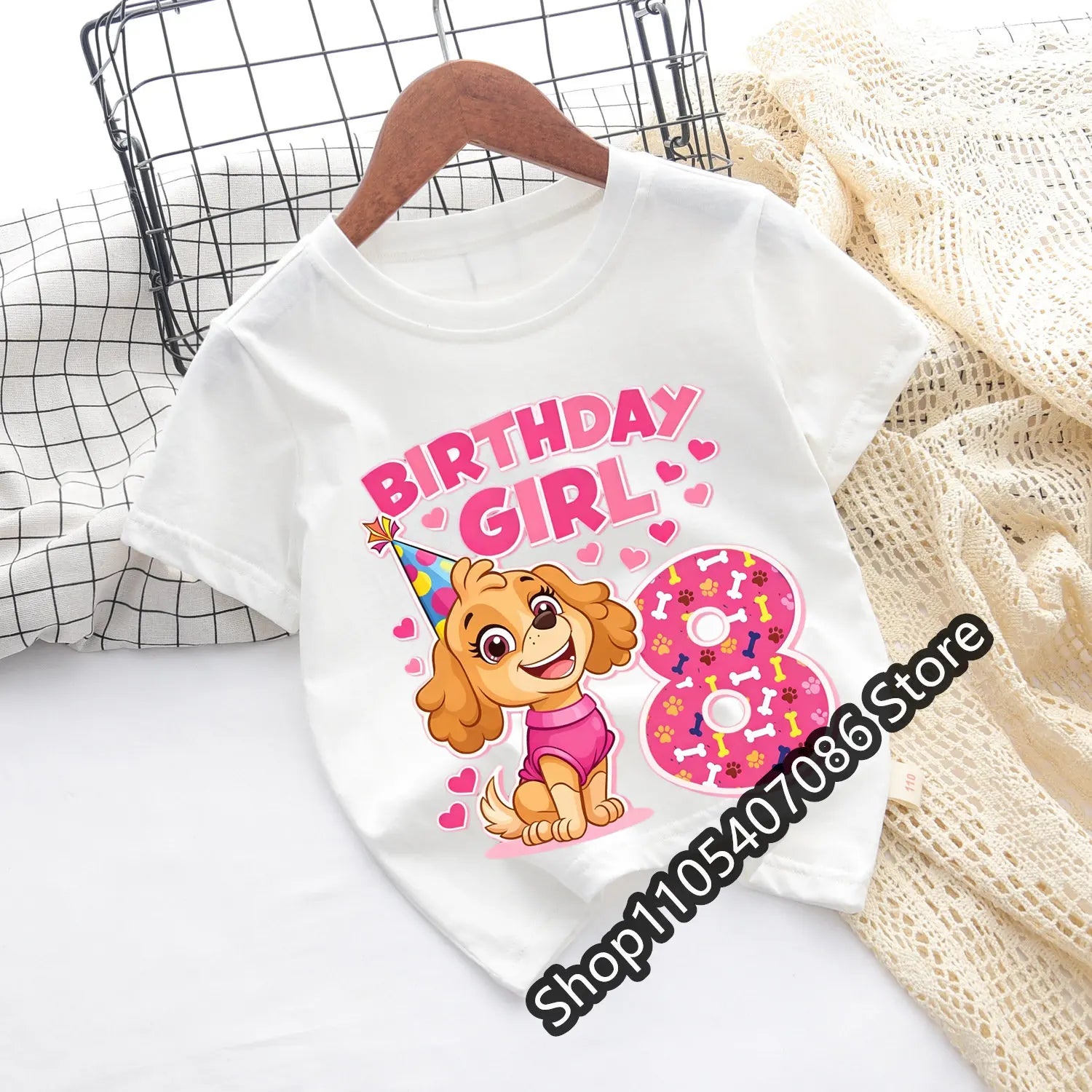 Paw Patrol Skye T-shirt Children Birthday Number Tee Top Girls Pink Clothes Cartoon Anime Short Sleeve Kids Loose Clothing Gift