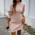 2025 Autumn Women Sweater Dresses Pearls Round Neck Long Sleeve Hip Wrap Dress Winter Elegant Ladies Casual Solid Slim Fit Dress