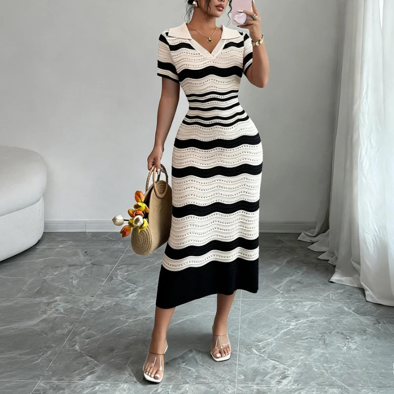 Women's Wavy Striped V-Neck Short Sleeve Elastic Sundress Ribbed Knit Bodycon Long Dress Crochet Hollow Out Summer Party Dress