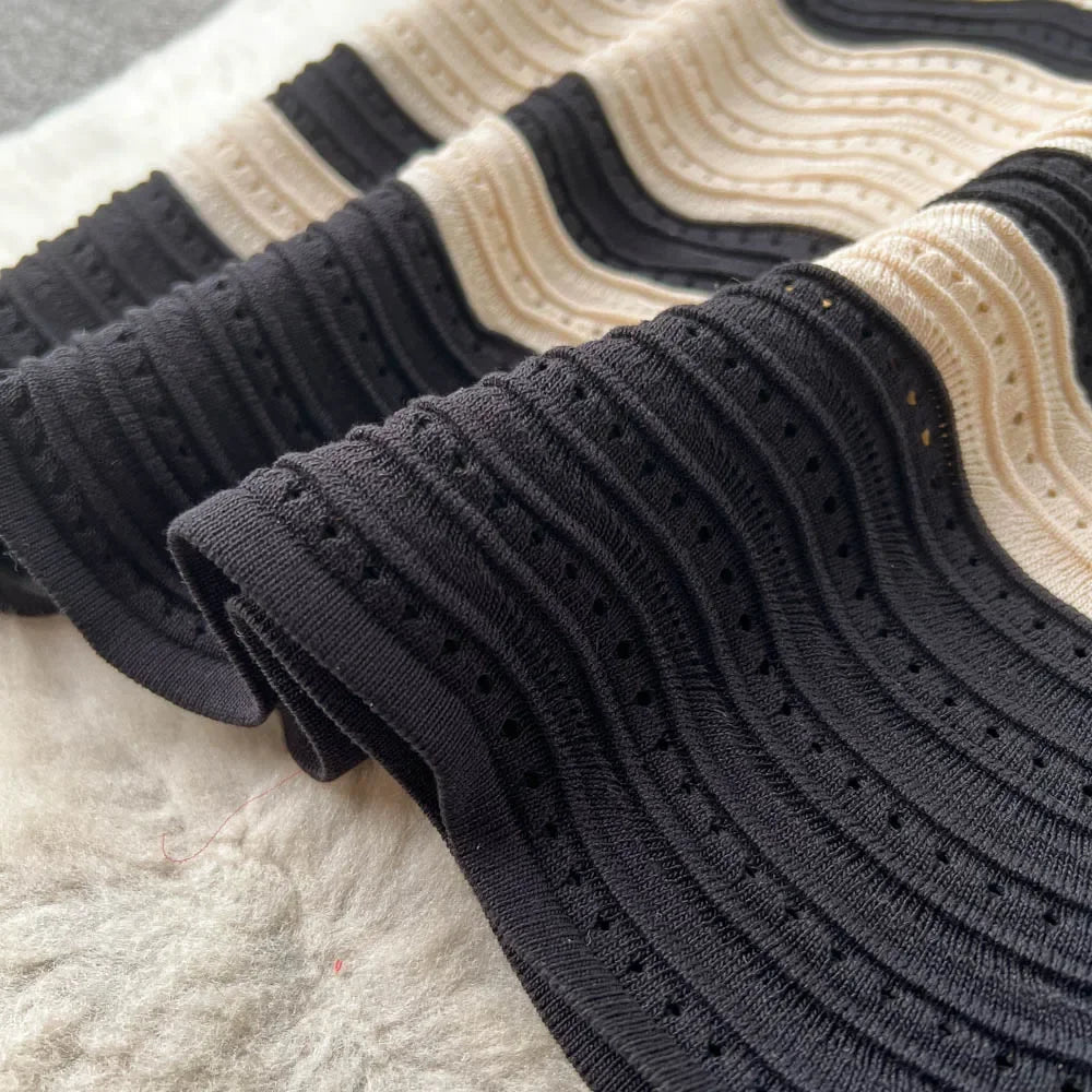 Women's Wavy Striped V-Neck Short Sleeve Elastic Sundress Ribbed Knit Bodycon Long Dress Crochet Hollow Out Summer Party Dress