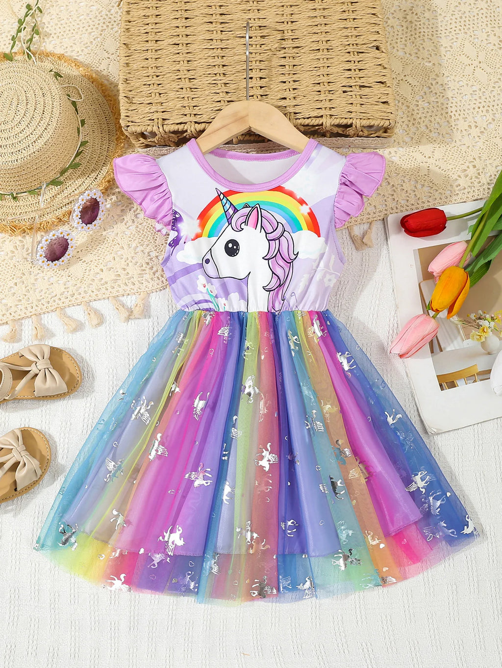 Summer Kids Baby Girl's Dress Cute Cartoon Printed Sleeveless Princess Dress Colorful Mesh Kids Ball Gown Baby Girls  Clothes