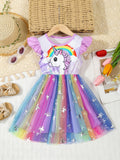 Summer Kids Baby Girl's Dress Cute Cartoon Printed Sleeveless Princess Dress Colorful Mesh Kids Ball Gown Baby Girls  Clothes