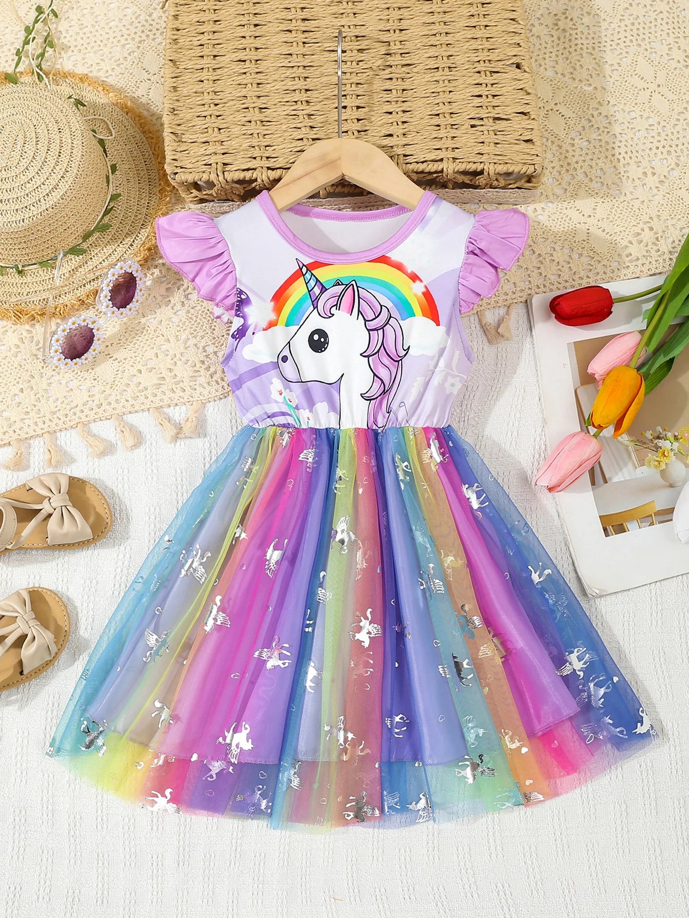 Summer Kids Baby Girl's Dress Cute Cartoon Printed Sleeveless Princess Dress Colorful Mesh Kids Ball Gown Baby Girls  Clothes