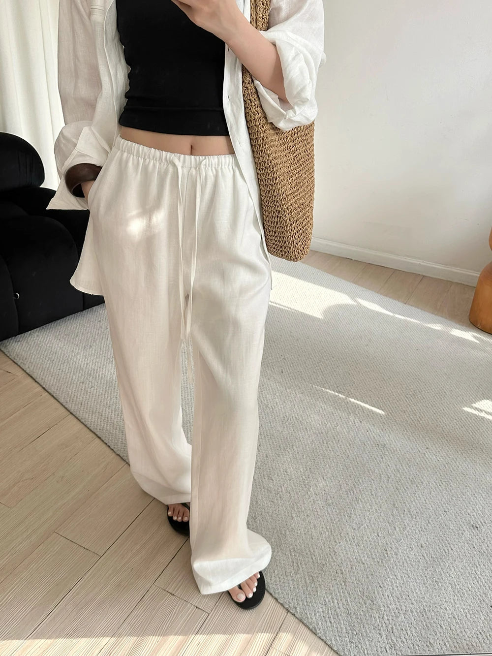 Slack Linen Wide-leg Pants Summer Loose Versatile Drawstring Straight White Casual Trousers Korean Fashion 2026