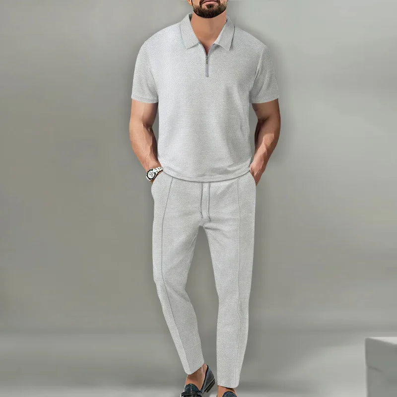 2025 Spring/Autumn New Men's Solid Color Waffle Collar Short Sleeve Zipper Pants Polo Set