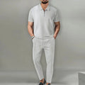 2025 Spring/Autumn New Men's Solid Color Waffle Collar Short Sleeve Zipper Pants Polo Set