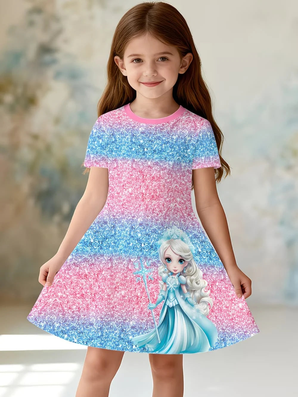 Girl's Princess Cartoon Print Dress Summer Casual Round Neck Short Sleeve Dress Outdoor Wear Elegant Party Dresses Girl Clothes