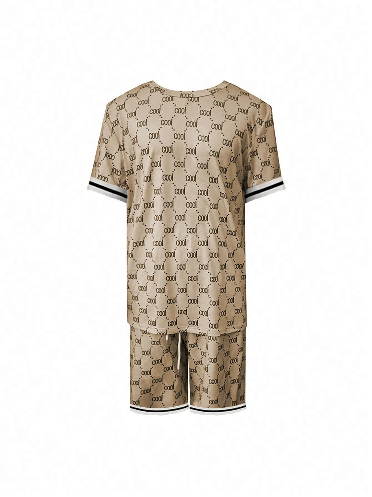 Casual Men's Suit Fashion Letter Printed Flower Color Round Neck Short Sleeve Shorts Personalized Trend Two Piece Clothing