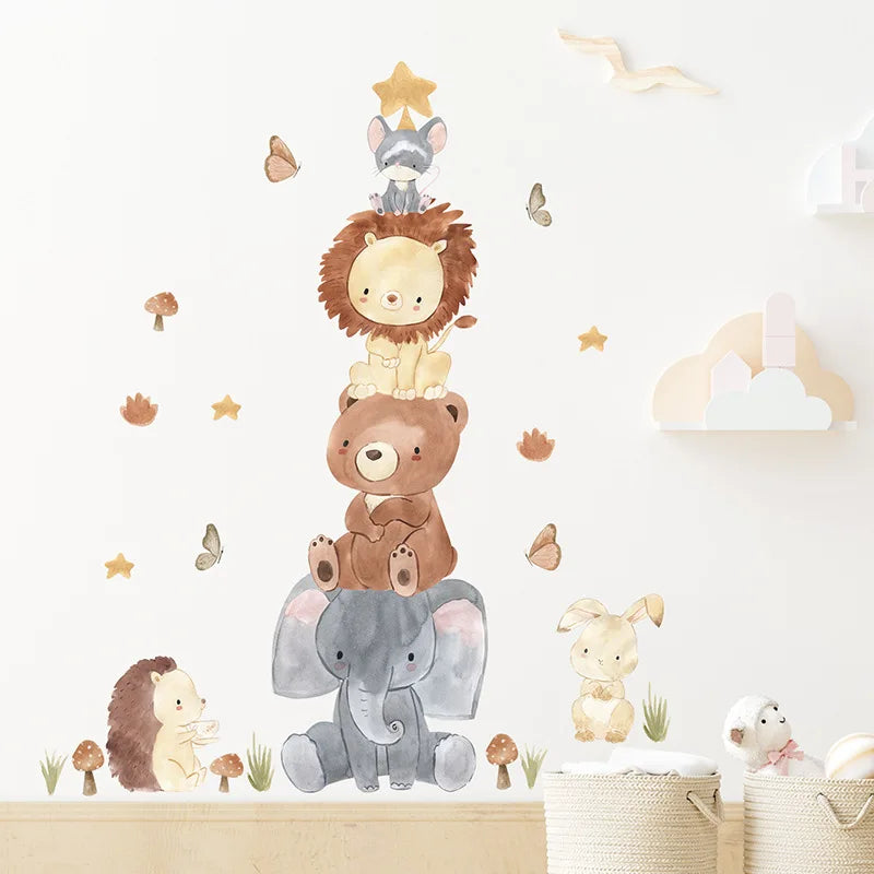 Cute Forest Animals Wall Stickers for Kids Rooms Children Boys Girls Baby Room Decoration Nursery Wallpaper Vinyl Elephant Lion