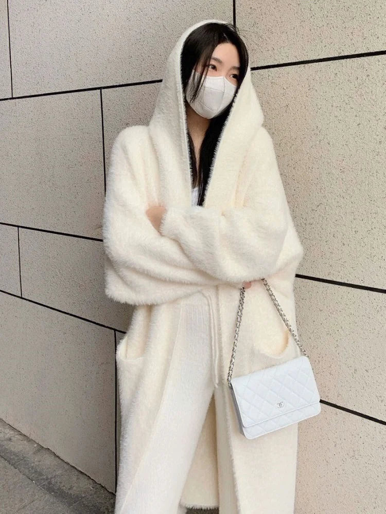white Long Cardigan for women 2026 new winter clothes Knitted fluffy long sleeve Cashmere sweater coat korean style warm vintage