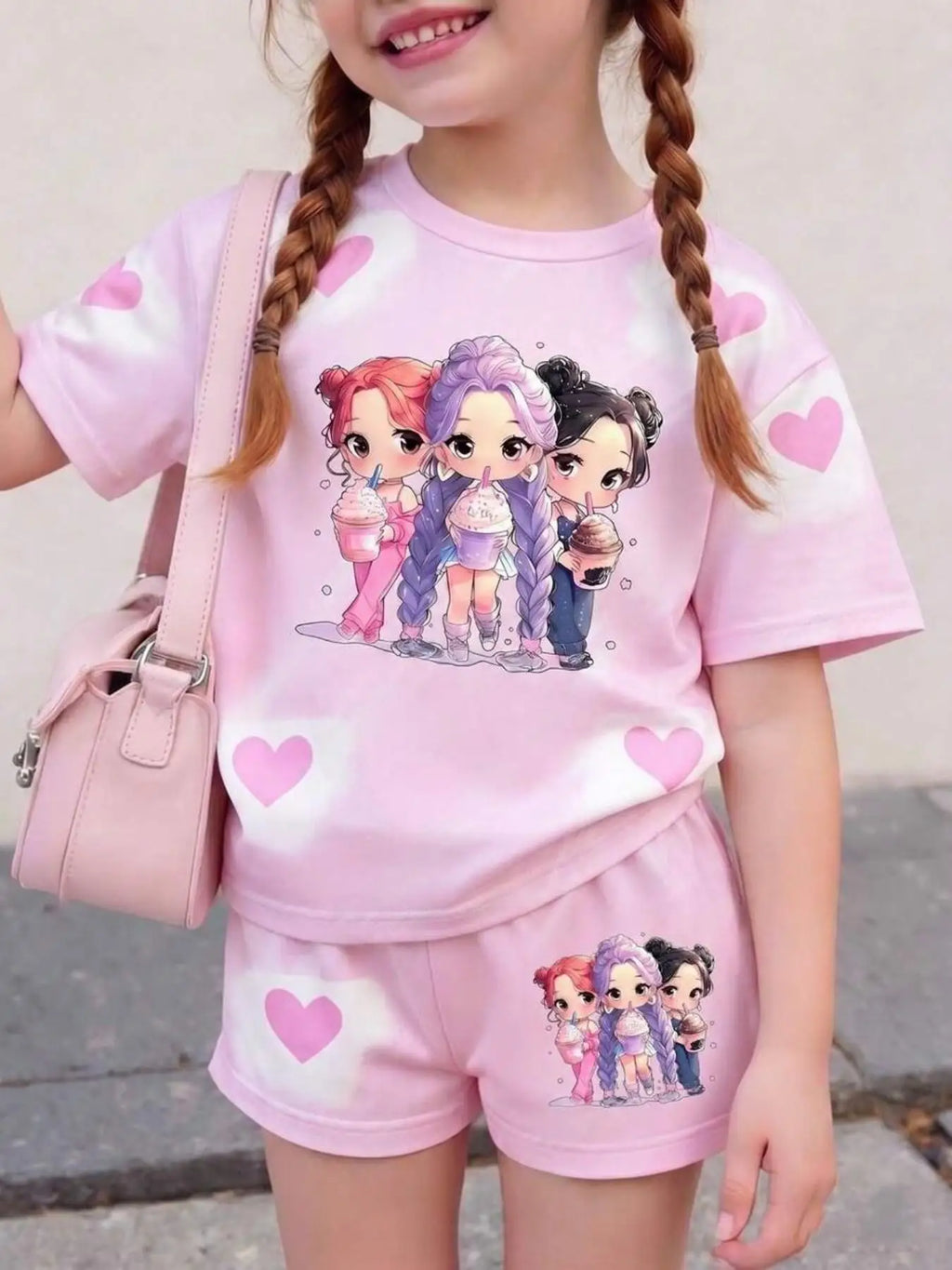 Girls' sweet pink short-sleeve top and shorts set featuring an all-over heart and cartoon idol print; a cute, casual, and versat