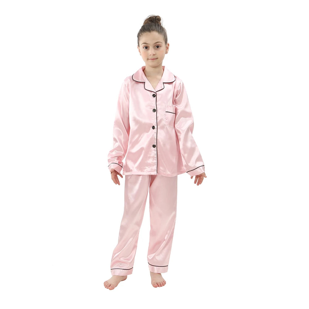 2 4 6 8 10 12 14 Years Children's Loungewear Teenage Satin Sleepwear Spring Autumn Boy Girl Pyjamas Kids Long Sleeved Pajama Set