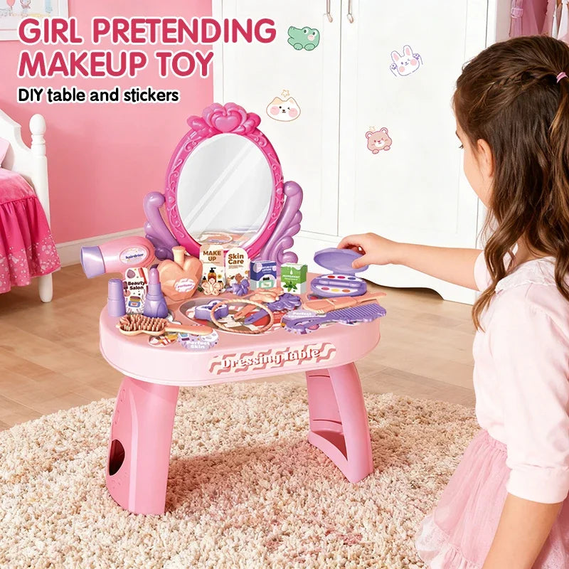 Play House Toy Simulated Dressing Table Diy Table and Stickers Girls Children'sPretending Makeup Toys for Kids New Year Gifts