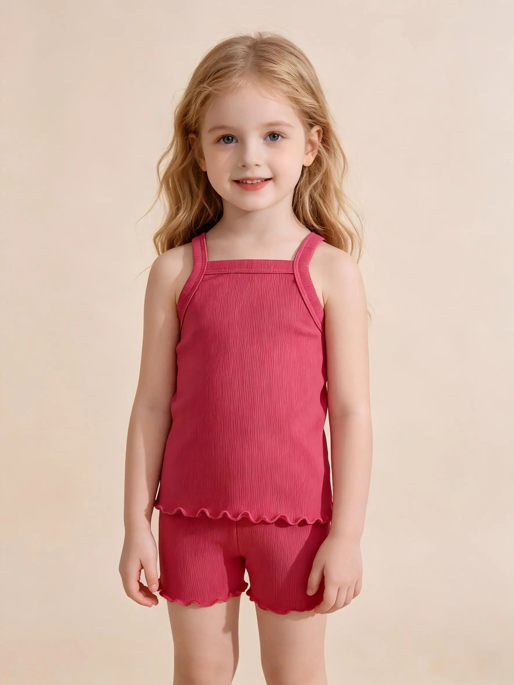 1Pc Kids Girls Solid Ribbed Singlet Thin Frill Edge Camisole Sleeveless Spaghetti Strap Breathable Underwear Home Top For 2-10Y