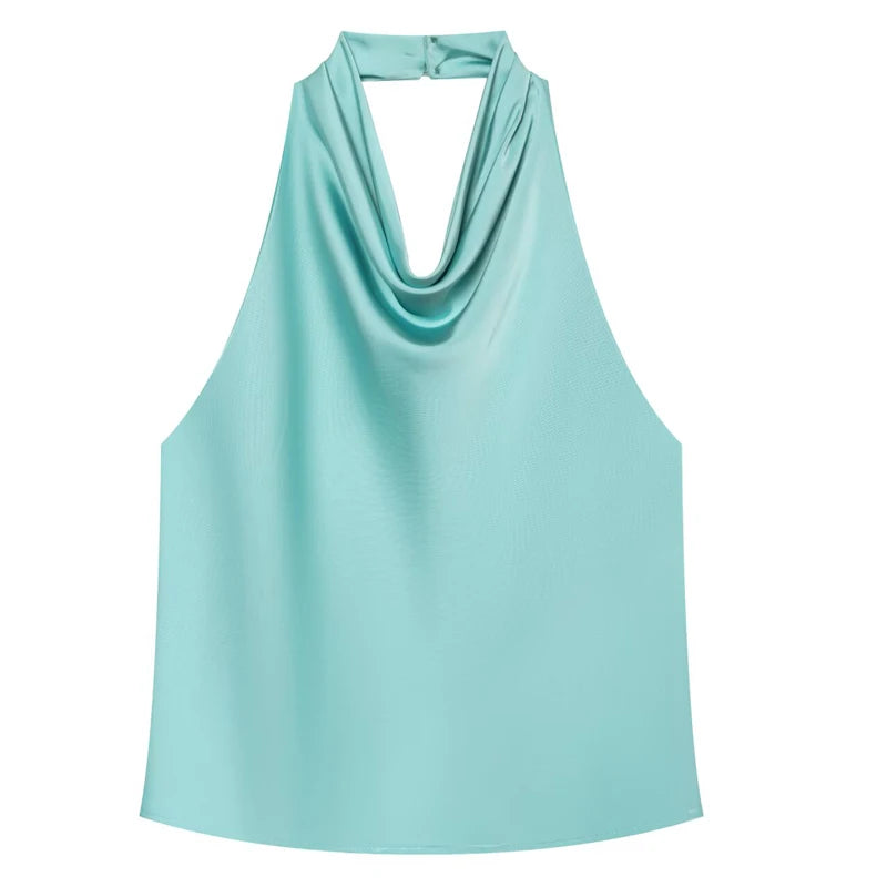 HXAO Halter Neck Women's Top Off Shoulder Satin Crop Top Women Summer Sexy Backless Tank Party Tops Y2K Aesthetic Camisole